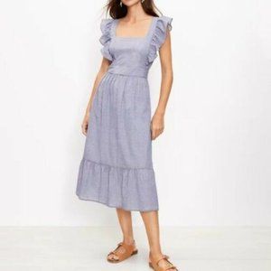 Ann Taylor LOFT Checked Ruffle Cutout Back Midi Dress - Size 12 - Nautical Navy